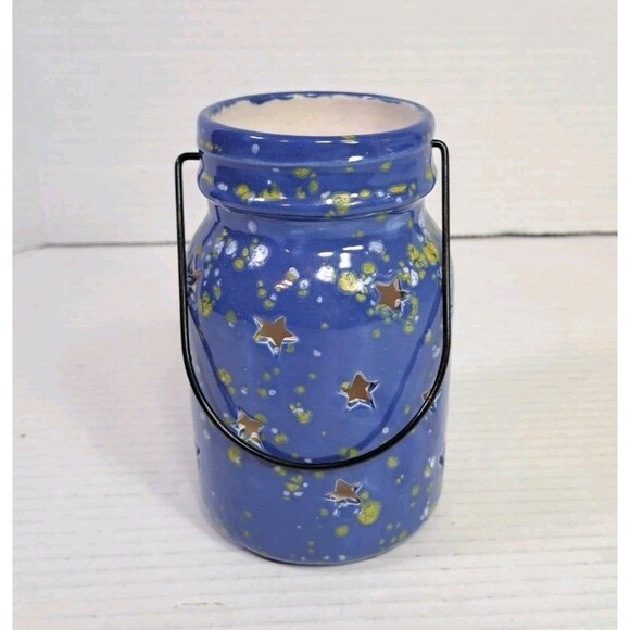 Blue Ceramic Lantern Candle Holder Stars Firefly Painting Jar w/ Handle Rustic - Picture 4 of 4